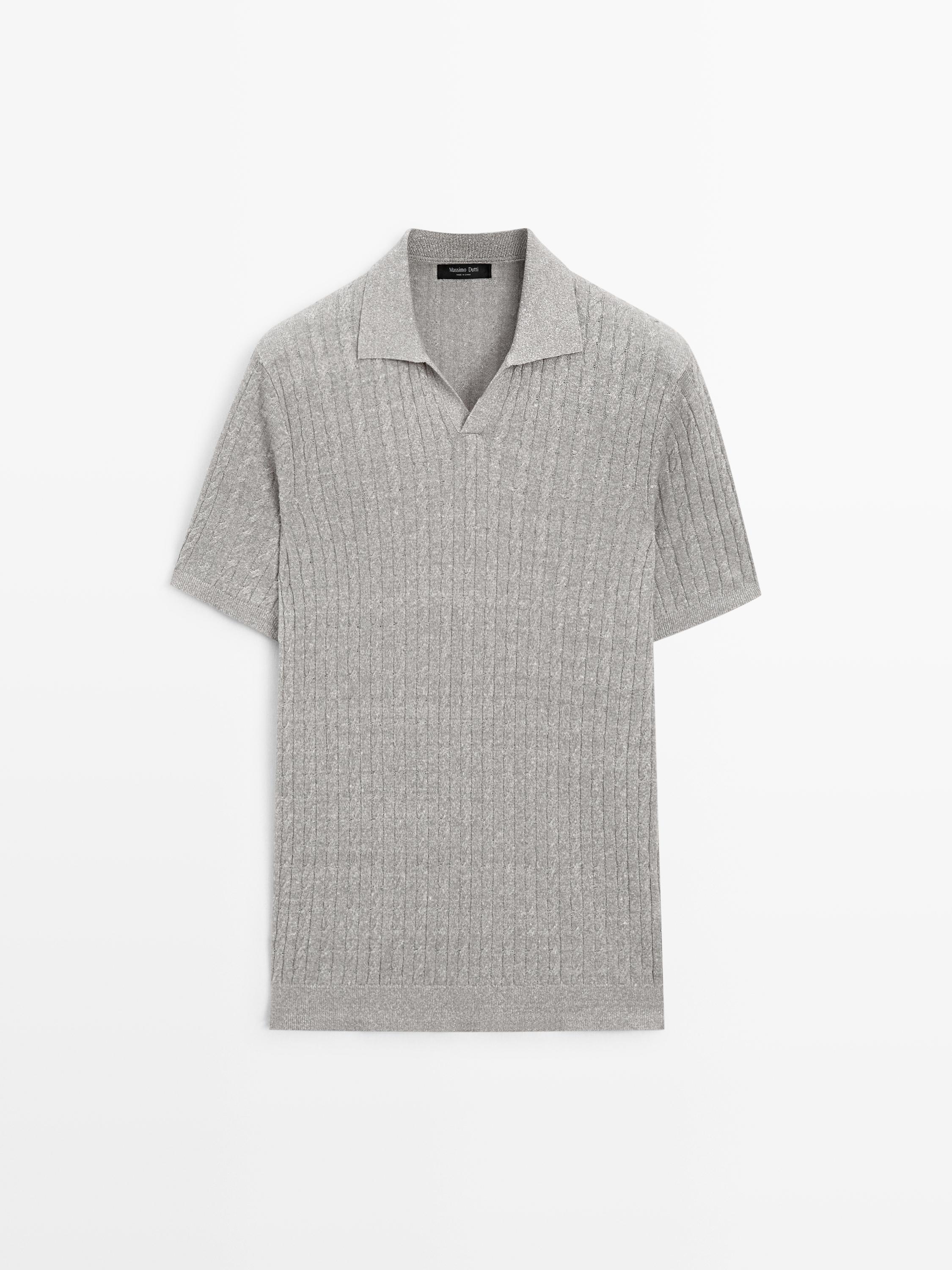 Cotton and linen cable-knit polo sweater